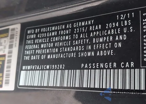 2012 Volkswagen Gti 2-Door z USA, uszkodzony, nr VIN WVWFV7AJ1CW199282